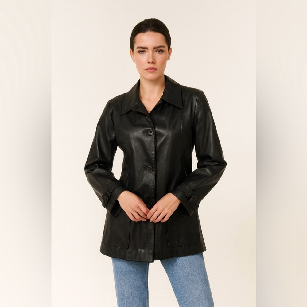 Vintage Y2K Passport Leather Sport Jacket Med Black Button Front Trench Style